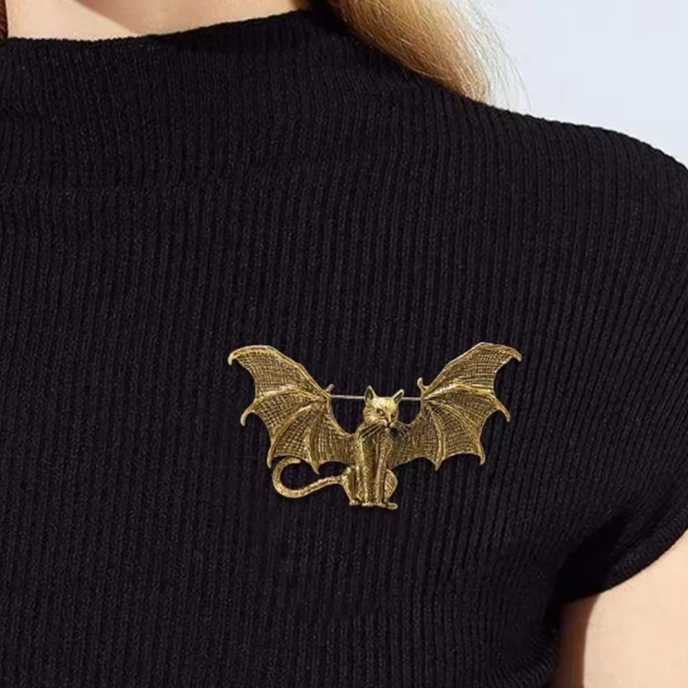 Egyptian Bat Cat Brass Brooch - Picture 10 of 13